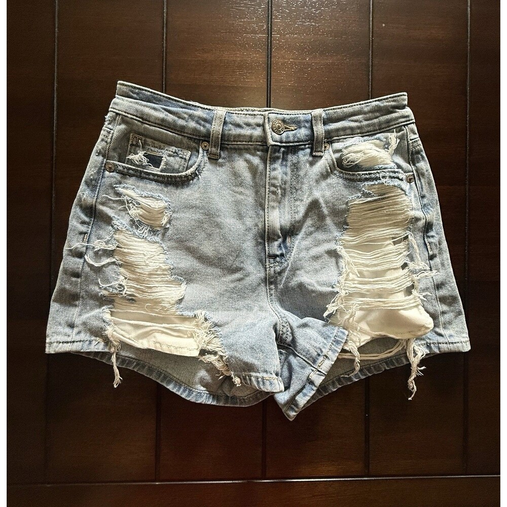 🔥American Eagle Womens Denim Mom Shorts Size 2 Distressed Comfort Stretch Blue